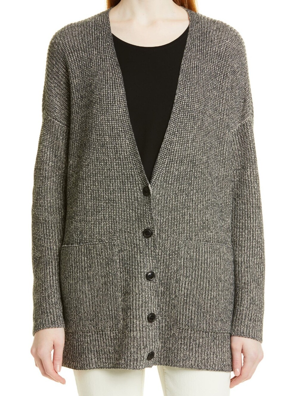 Eileen Fisher V-Neck Organic Cotton Blend Cardigan in Charcoal Size Medium